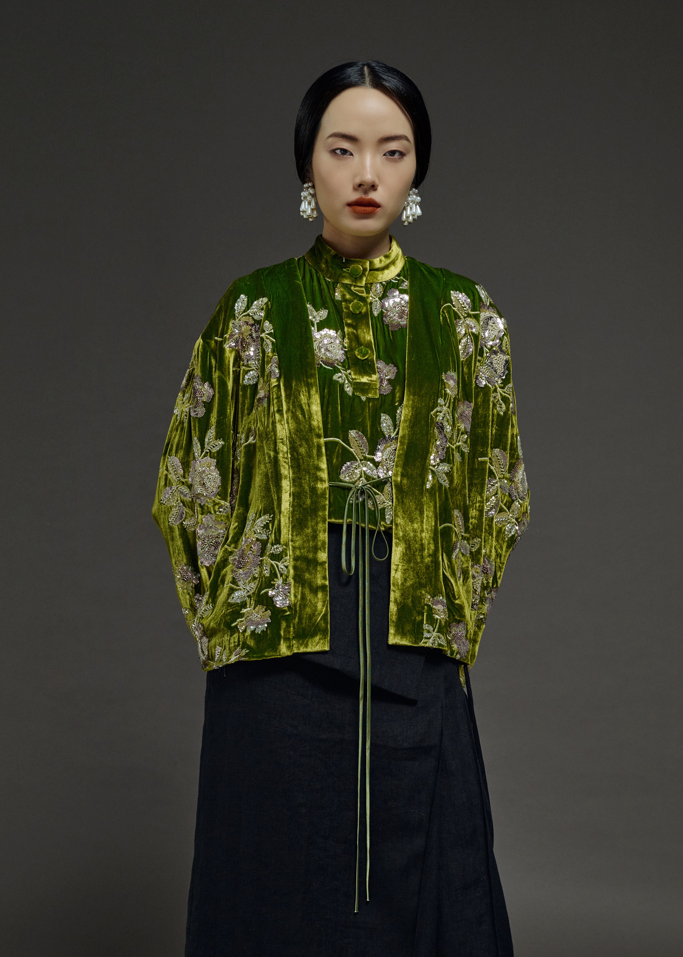 EMBELLISHED VELVET SILK BLOUSE (PRE-ORDER)