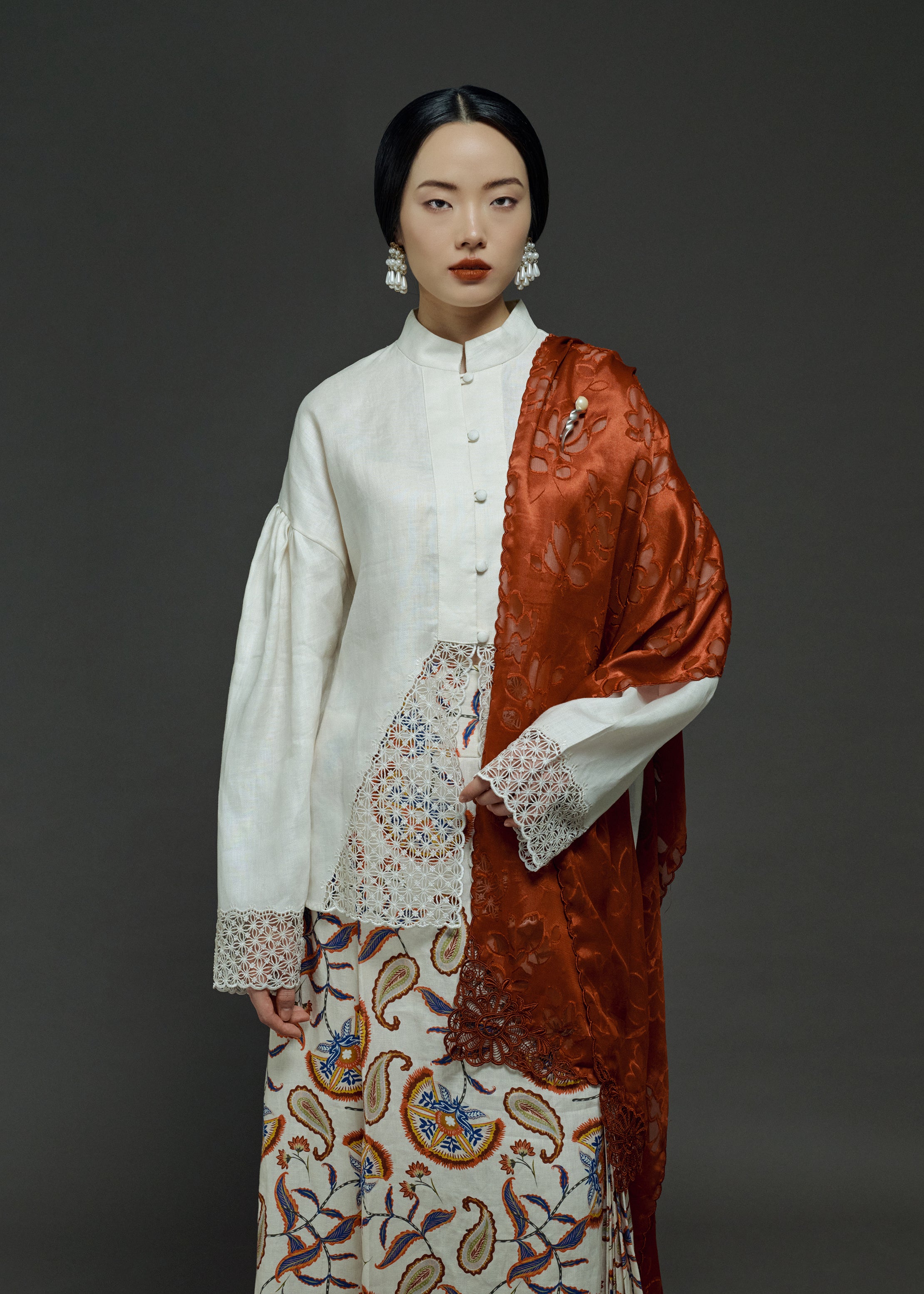 EMBROIDERED FLORAL SCARF IN TERRACOTTA (PRE-ORDER)