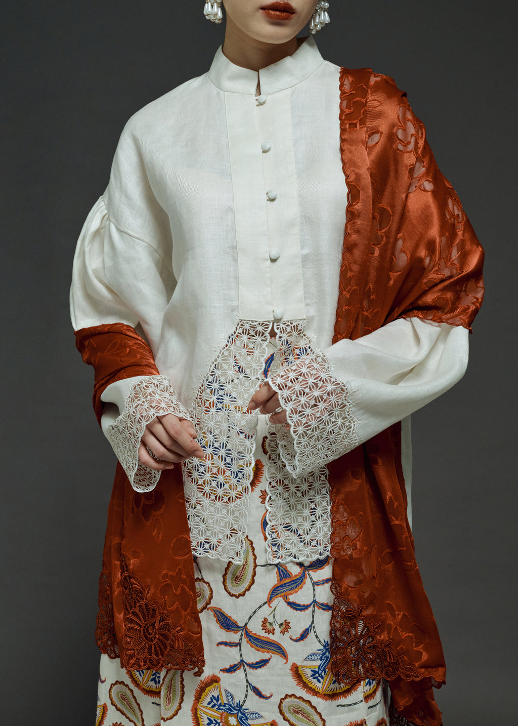 EMBROIDERED FLORAL SCARF IN TERRACOTTA (PRE-ORDER)