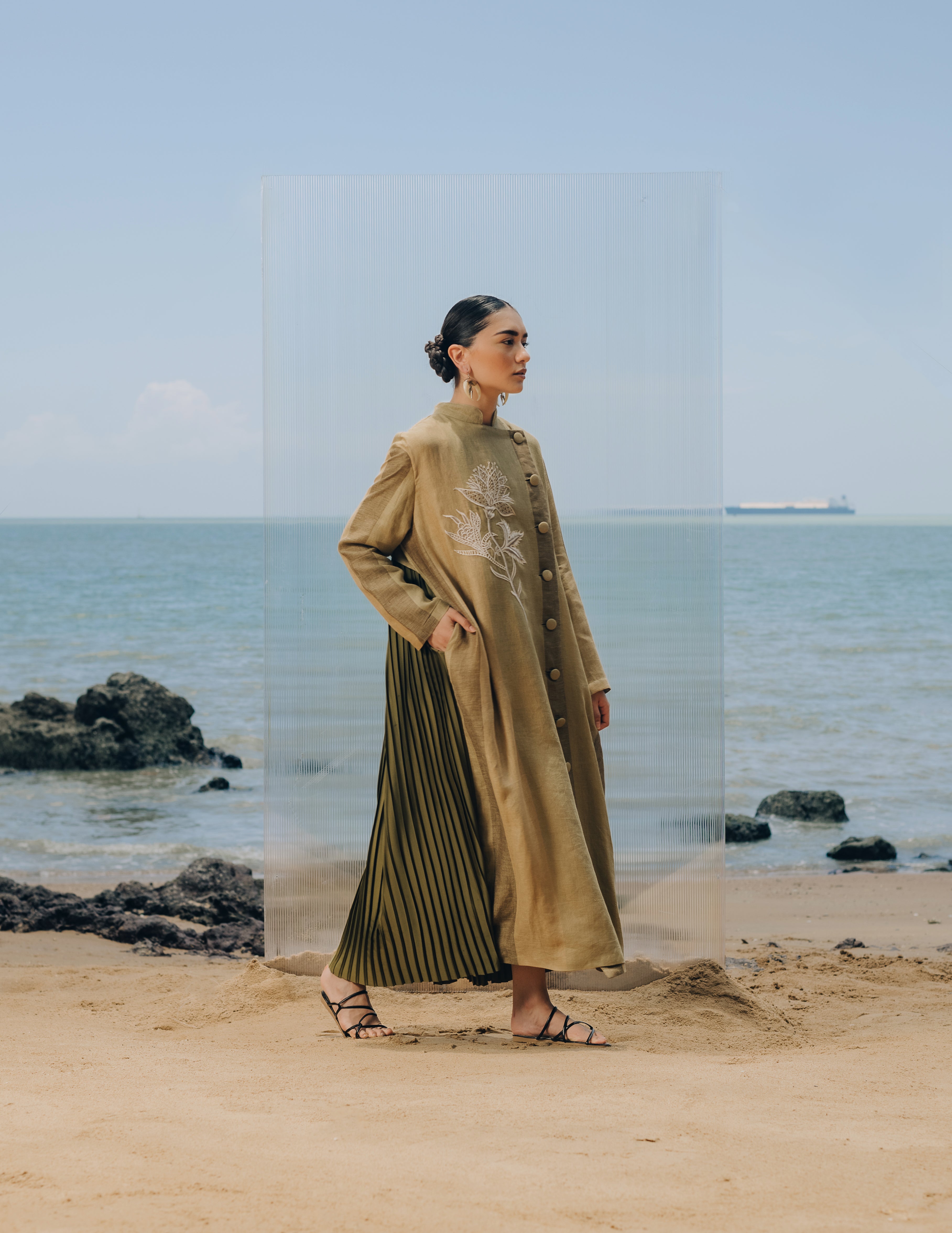 EMBROIDERED PLEATED DRESS